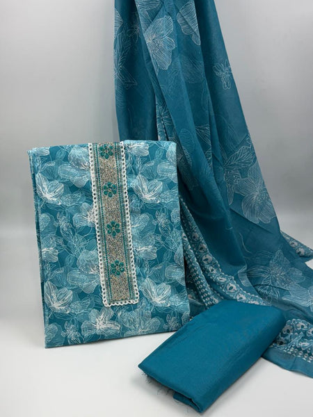 Morden Super Teal Blue Floral Printed Cotton Kurta Set with Embroidered Neck Panel & Dupatta