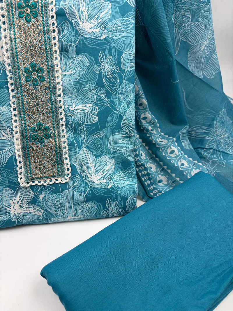 Morden Super Teal Blue Floral Printed Cotton Kurta Set with Embroidered Neck Panel & Dupatta