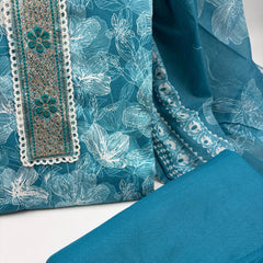 Morden Super Teal Blue Floral Printed Cotton Kurta Set with Embroidered Neck Panel & Dupatta