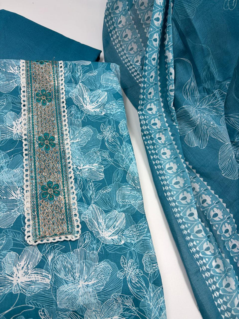 Morden Super Teal Blue Floral Printed Cotton Kurta Set with Embroidered Neck Panel & Dupatta