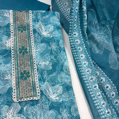 Morden Super Teal Blue Floral Printed Cotton Kurta Set with Embroidered Neck Panel & Dupatta