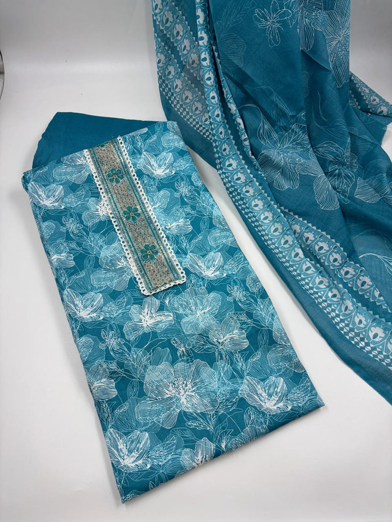 Morden Super Teal Blue Floral Printed Cotton Kurta Set with Embroidered Neck Panel & Dupatta