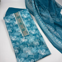 Morden Super Teal Blue Floral Printed Cotton Kurta Set with Embroidered Neck Panel & Dupatta