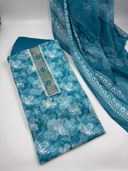 Morden Super Teal Blue Floral Printed Cotton Kurta Set with Embroidered Neck Panel & Dupatta