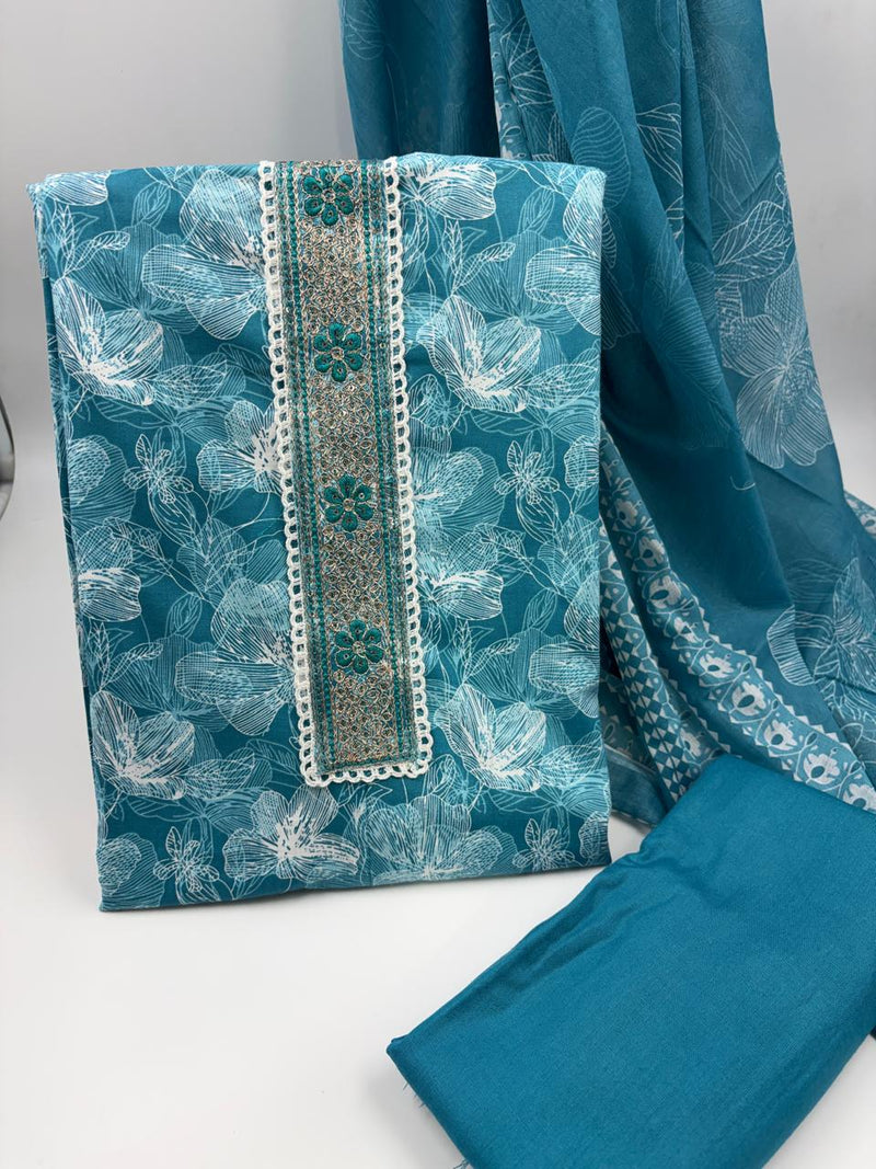 Morden Super Teal Blue Floral Printed Cotton Kurta Set with Embroidered Neck Panel & Dupatta