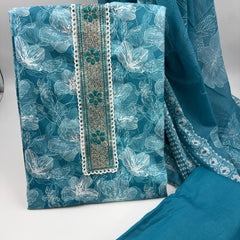Morden Super Teal Blue Floral Printed Cotton Kurta Set with Embroidered Neck Panel & Dupatta