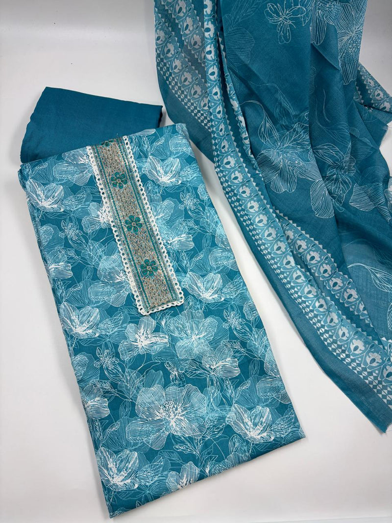 Morden Super Teal Blue Floral Printed Cotton Kurta Set with Embroidered Neck Panel & Dupatta