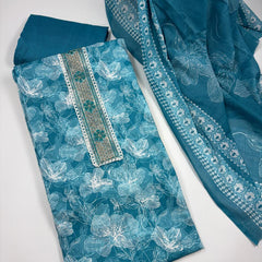 Morden Super Teal Blue Floral Printed Cotton Kurta Set with Embroidered Neck Panel & Dupatta