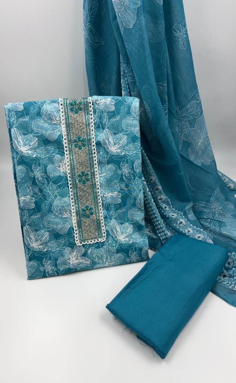 Morden Super Teal Blue Floral Printed Cotton Kurta Set with Embroidered Neck Panel & Dupatta