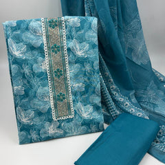 Morden Super Teal Blue Floral Printed Cotton Kurta Set with Embroidered Neck Panel & Dupatta