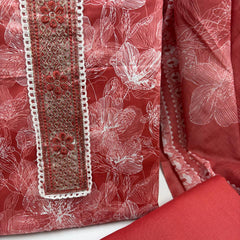 Morden Super Rust Red Floral Printed Cotton Kurta Set with Embroidered Neck Panel & Dupatta
