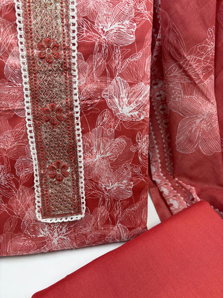 Morden Super Rust Red Floral Printed Cotton Kurta Set with Embroidered Neck Panel & Dupatta