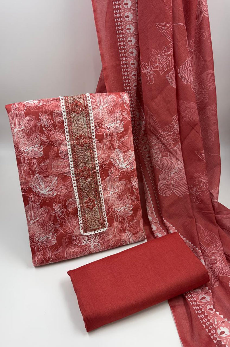 Morden Super Rust Red Floral Printed Cotton Kurta Set with Embroidered Neck Panel & Dupatta