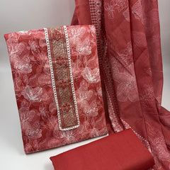 Morden Super Rust Red Floral Printed Cotton Kurta Set with Embroidered Neck Panel & Dupatta
