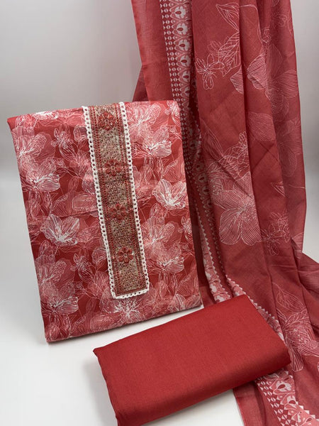 Morden Super Rust Red Floral Printed Cotton Kurta Set with Embroidered Neck Panel & Dupatta