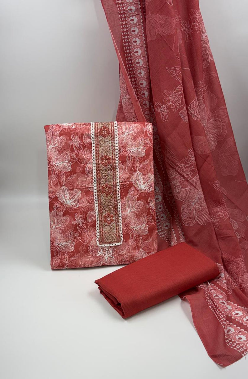 Morden Super Rust Red Floral Printed Cotton Kurta Set with Embroidered Neck Panel & Dupatta