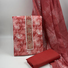Morden Super Rust Red Floral Printed Cotton Kurta Set with Embroidered Neck Panel & Dupatta