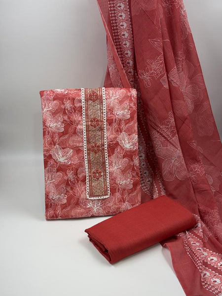 Morden Super Rust Red Floral Printed Cotton Kurta Set with Embroidered Neck Panel & Dupatta
