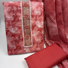 Morden Super Rust Red Floral Printed Cotton Kurta Set with Embroidered Neck Panel & Dupatta