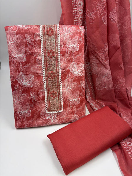 Morden Super Rust Red Floral Printed Cotton Kurta Set with Embroidered Neck Panel & Dupatta