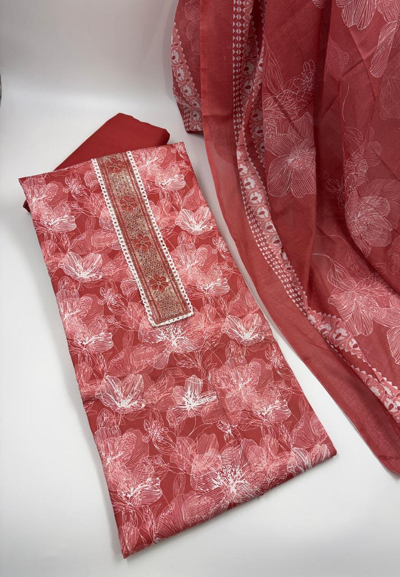 Morden Super Rust Red Floral Printed Cotton Kurta Set with Embroidered Neck Panel & Dupatta