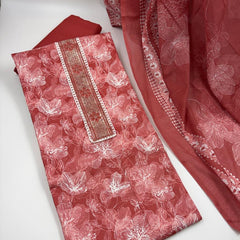 Morden Super Rust Red Floral Printed Cotton Kurta Set with Embroidered Neck Panel & Dupatta
