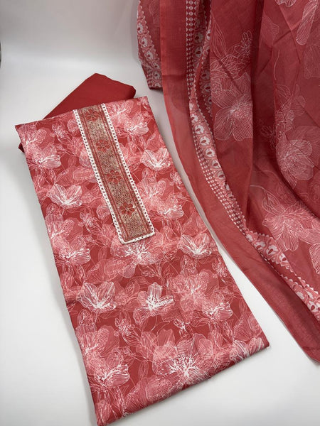 Morden Super Rust Red Floral Printed Cotton Kurta Set with Embroidered Neck Panel & Dupatta