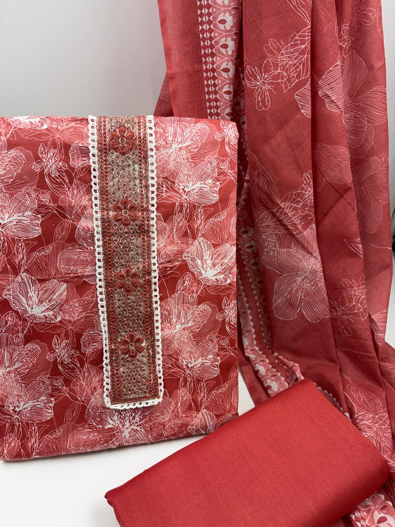 Morden Super Rust Red Floral Printed Cotton Kurta Set with Embroidered Neck Panel & Dupatta