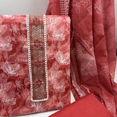 Morden Super Rust Red Floral Printed Cotton Kurta Set with Embroidered Neck Panel & Dupatta