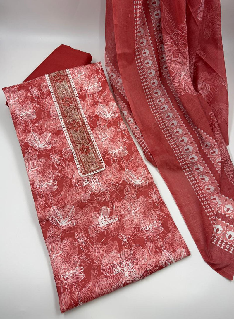Morden Super Rust Red Floral Printed Cotton Kurta Set with Embroidered Neck Panel & Dupatta