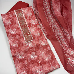 Morden Super Rust Red Floral Printed Cotton Kurta Set with Embroidered Neck Panel & Dupatta