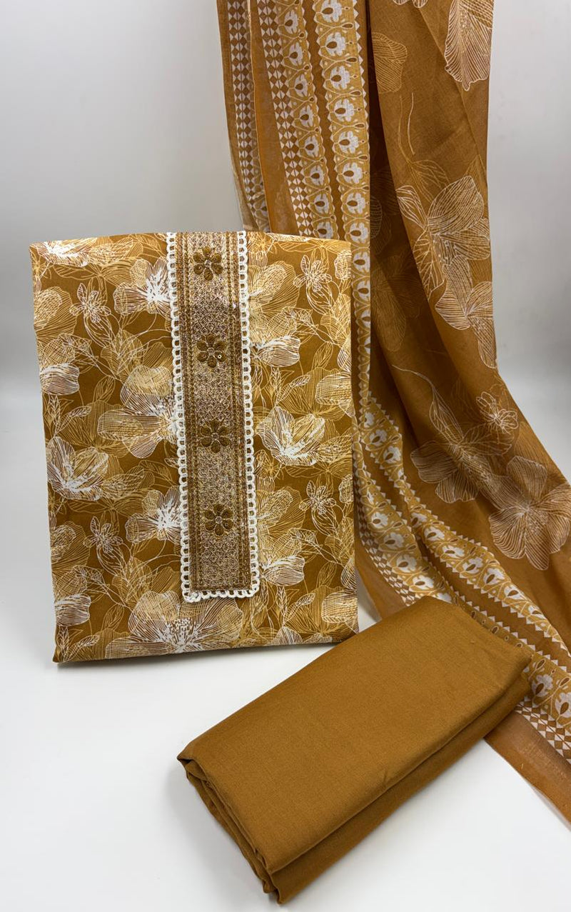 Morden Super Mustard Yellow Floral Printed Cotton Kurta Set with Embroidered Neck Panel & Dupatta