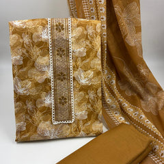 Morden Super Mustard Yellow Floral Printed Cotton Kurta Set with Embroidered Neck Panel & Dupatta