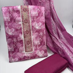 Morden Super Wine Pink Floral Printed Cotton Kurta Set with Embroidered Neck Panel & Dupatta