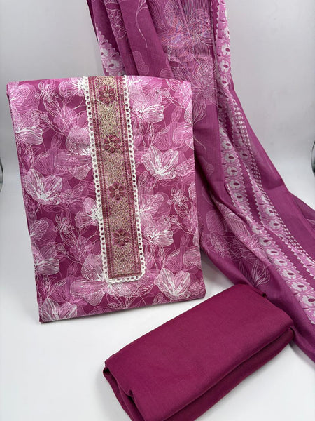 Morden Super Wine Pink Floral Printed Cotton Kurta Set with Embroidered Neck Panel & Dupatta