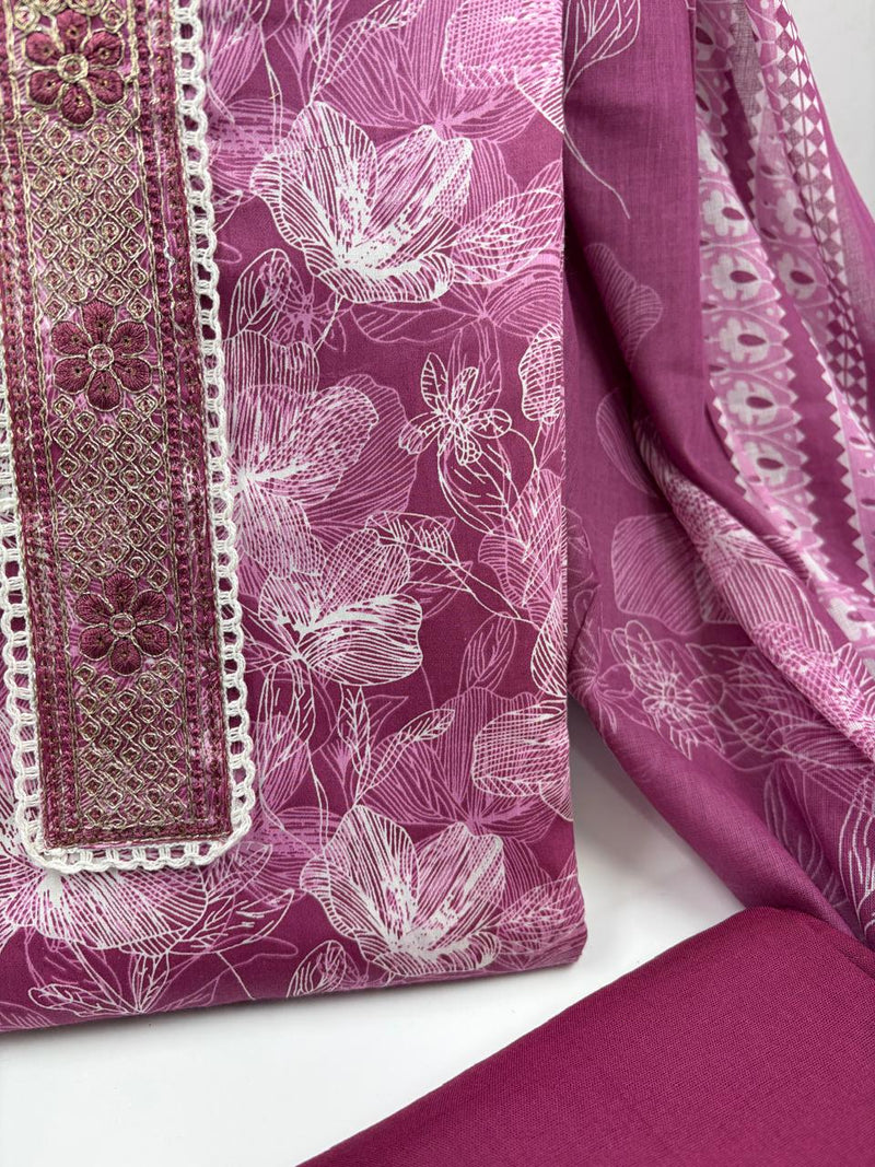 Morden Super Wine Pink Floral Printed Cotton Kurta Set with Embroidered Neck Panel & Dupatta