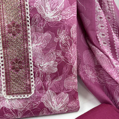 Morden Super Wine Pink Floral Printed Cotton Kurta Set with Embroidered Neck Panel & Dupatta
