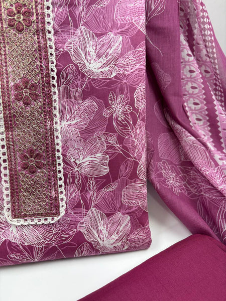 Morden Super Wine Pink Floral Printed Cotton Kurta Set with Embroidered Neck Panel & Dupatta