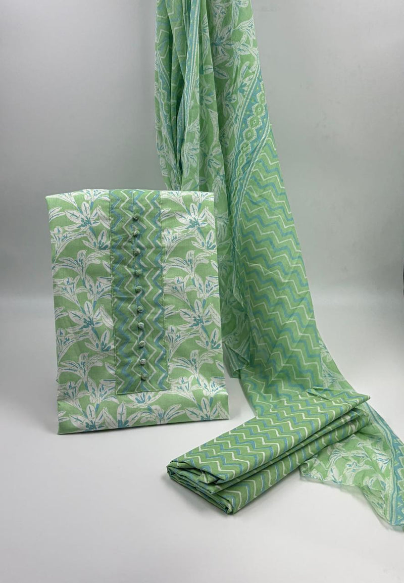 Morden Super Green & White Floral Printed Dress Material with Chevron Pattern Dupatta