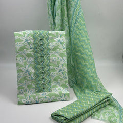 Morden Super Green & White Floral Printed Dress Material with Chevron Pattern Dupatta