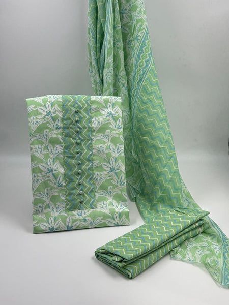 Morden Super Green & White Floral Printed Dress Material with Chevron Pattern Dupatta