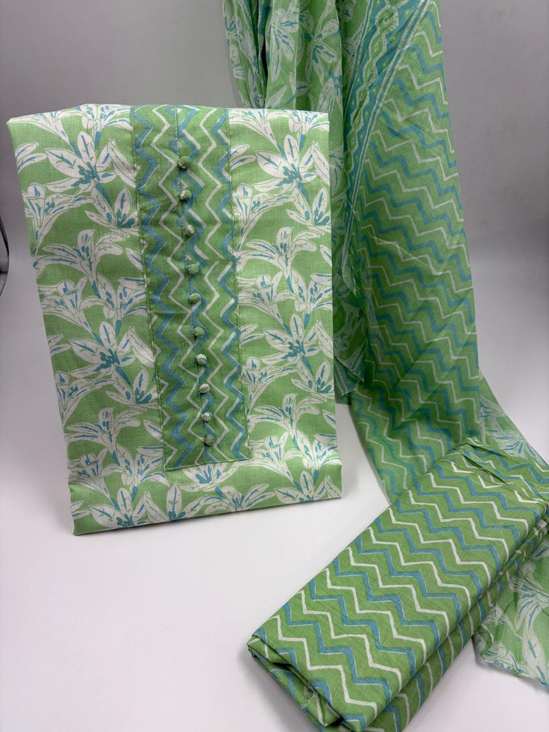 Morden Super Green & White Floral Printed Dress Material with Chevron Pattern Dupatta