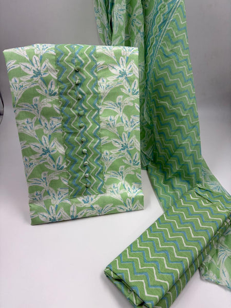 Morden Super Green & White Floral Printed Dress Material with Chevron Pattern Dupatta