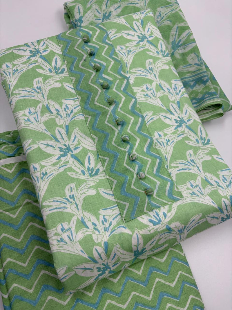 Morden Super Green & White Floral Printed Dress Material with Chevron Pattern Dupatta