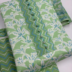 Morden Super Green & White Floral Printed Dress Material with Chevron Pattern Dupatta