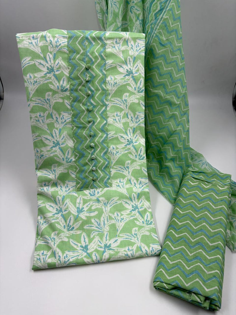 Morden Super Green & White Floral Printed Dress Material with Chevron Pattern Dupatta