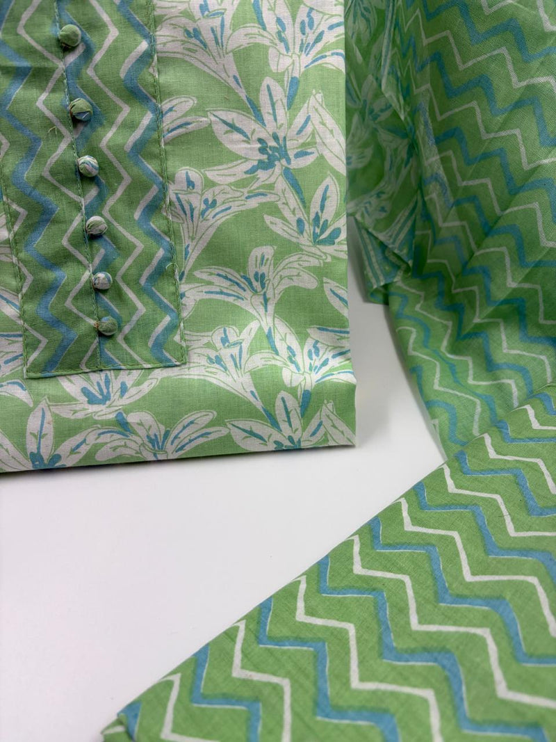 Morden Super Green & White Floral Printed Dress Material with Chevron Pattern Dupatta