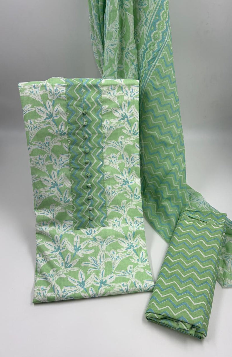 Morden Super Green & White Floral Printed Dress Material with Chevron Pattern Dupatta