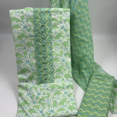 Morden Super Green & White Floral Printed Dress Material with Chevron Pattern Dupatta