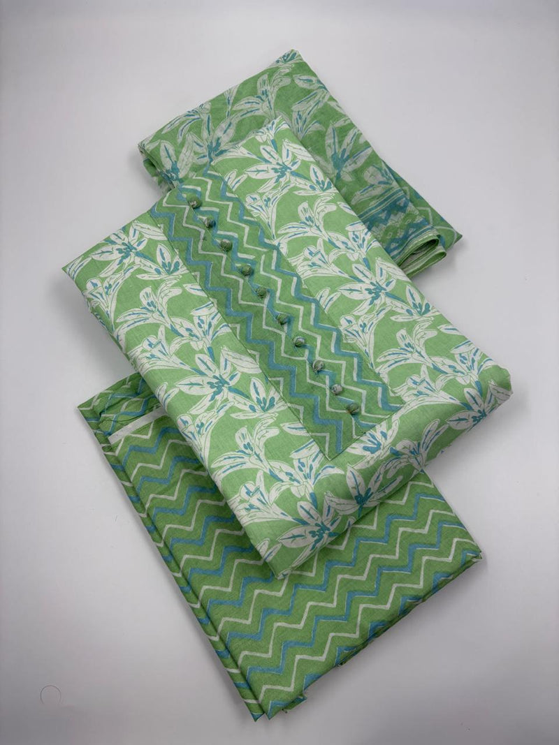 Morden Super Green & White Floral Printed Dress Material with Chevron Pattern Dupatta